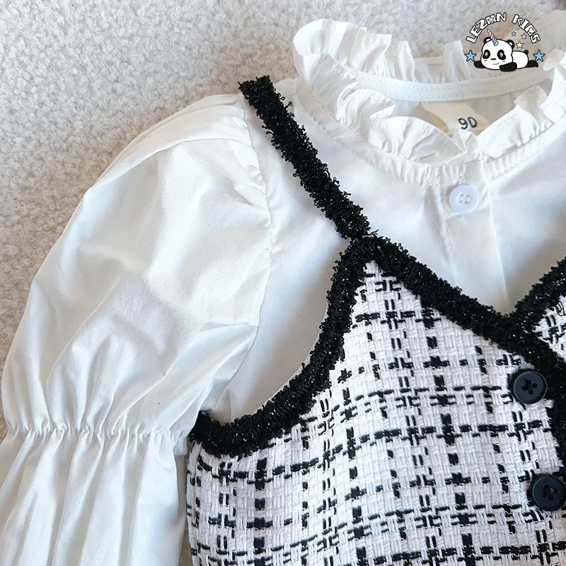 LEZONKIDS - 2023 spring girls shirt sling top  half skirt set  Black and white square grid girls clothing